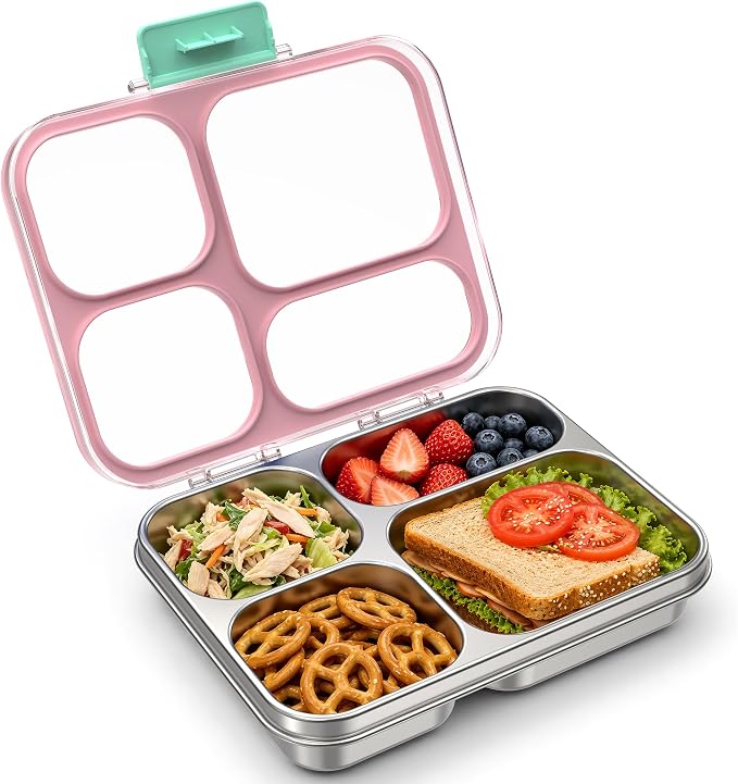 HOMEKOL Stainless Steel Bento Lunch Box, 4 Cups, Pink | 4-Compartment Leak-Proof Metal Lunch Container for Kids & Adults, BPA/BPS-Free, Dishwasher Safe, Clear Lid, (Not Insulated)