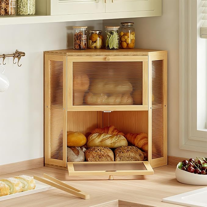 WOWLIVE Double Layer Corner Bread Box for Kitchen Countertop with 2 Doors | Bamboo Bread Storage Container, Large Farmhouse Breadbox with Acrylic Wavy, Under Cabinet Organizer, Natural, Extra Large