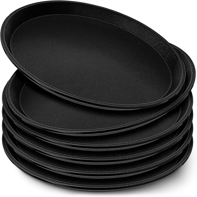 Zopeal 6 Pcs Bar Service Tray Round Plastic Non Slip,14" | For Waiter Server in Restaurant Cafeteria Bar, Raised Edges Prevent Spills, Cocktail Food Server, Textured Surface Grip