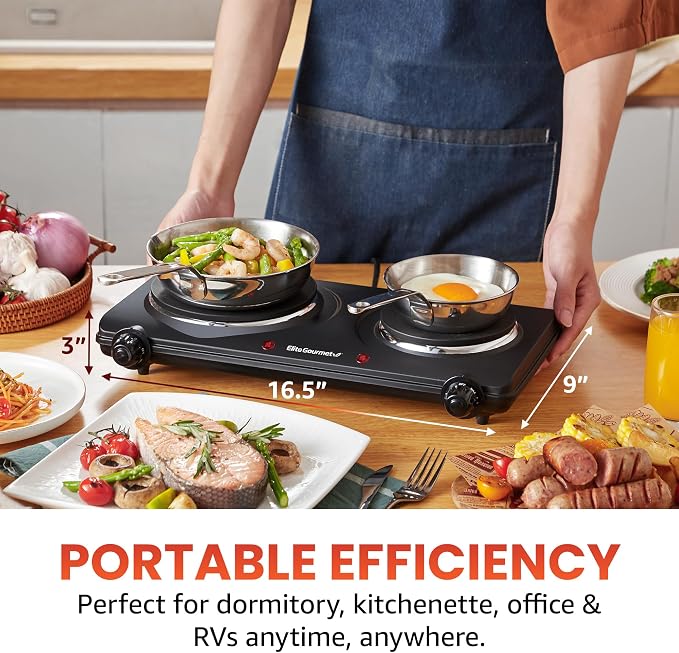 Elite Gourmet EDB-302BF# Double Cast Iron Burner, 1500W Hot Plate, Black | Adjustable temperature control, power indicator lights, easy-to-clean surface, countertop design