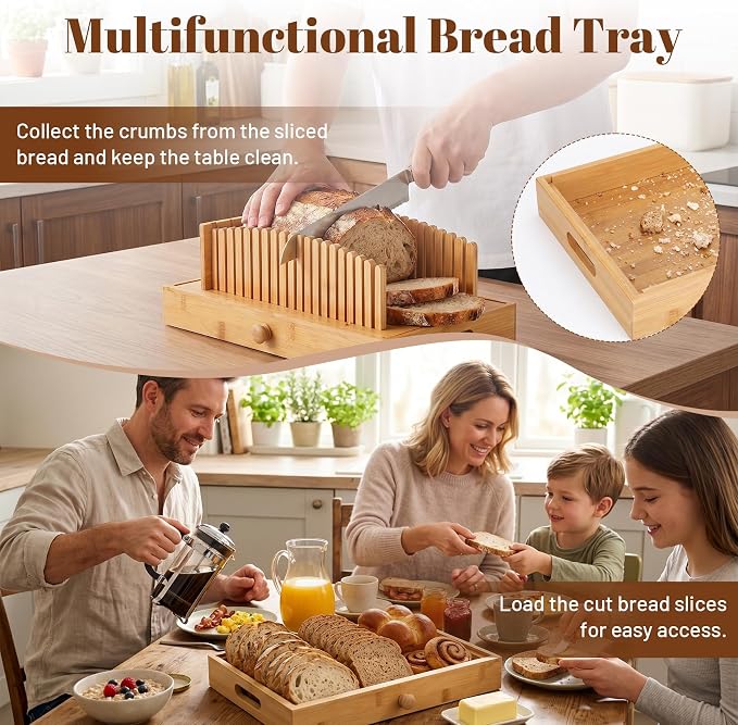 3in1 Bread Box for Kitchen Countertopm with Bread Slicer Bread Serving Tray | Bamboo Bread Storage for Homemade Bread, Bread Slicer for Homemade Bread for Slicer Storage and Bread Tray