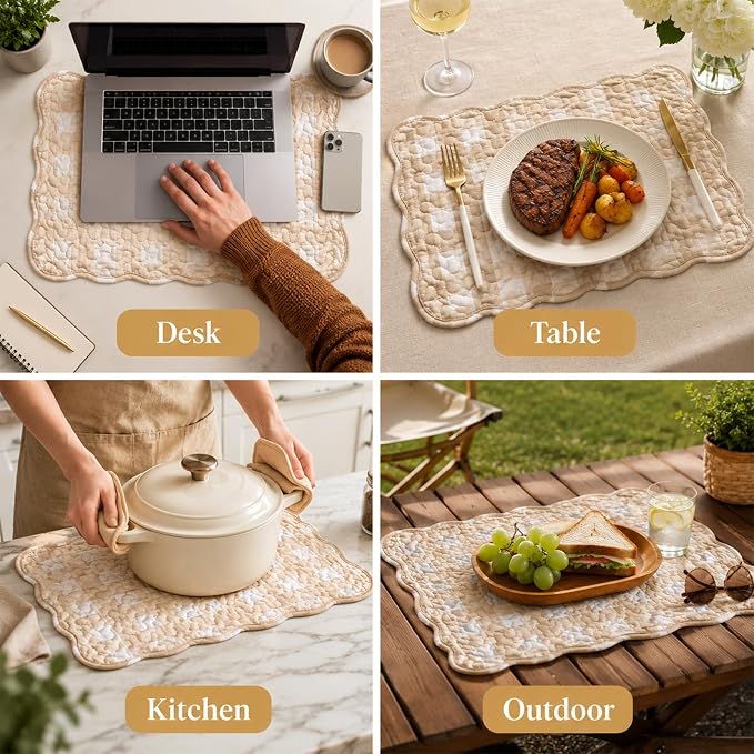 Quilted Placemats Set of 6, 18" x 13" Large Scalloped Cotton Placemat Washable Cloth Flowers Table Mats for Summer Party Kitchen Dining Farmhouse Cottagecore Decor(Gingham Milkshake Tan)