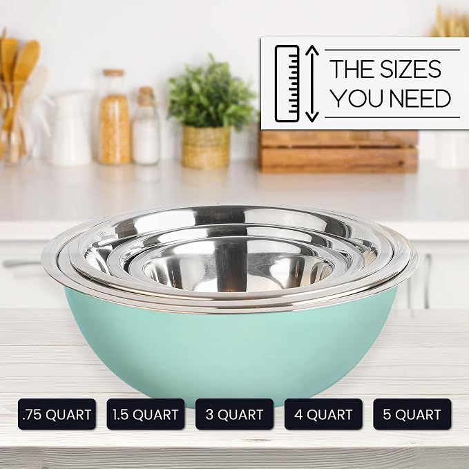 Stainless Steel Mixing Bowls Set, 5-Piece Meal Prep & Food Storage | .75, 1.5, 3, 4 & 5 Quart Metal Mixing Bowls Set for Prep, Serving, Baking & Food Storage, Ecofriendly, Dishwasher Safe, Blue