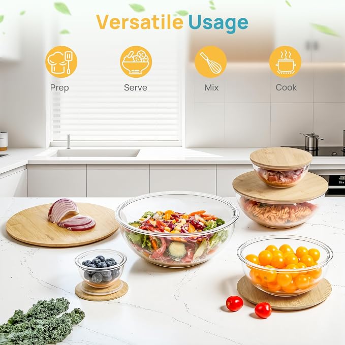 Vtopmart 5 Pack Glass Mixing Bowls with Bamboo Lids, Nesting Set | Kitchen Bowls for Mixing, Meal Prep, Serving & Baking, Space-Saving Nesting Design with Microwave and Dishwasher Safe Glass