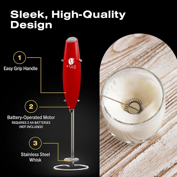 Bean Envy Milk Frother Handheld - Coffee Mixer Wand with Stand - Red | Battery Operated, Stainless Steel Whisk, 19000 RPM, Protein Powder Blender, Electric Stirrer, Mini Foamer