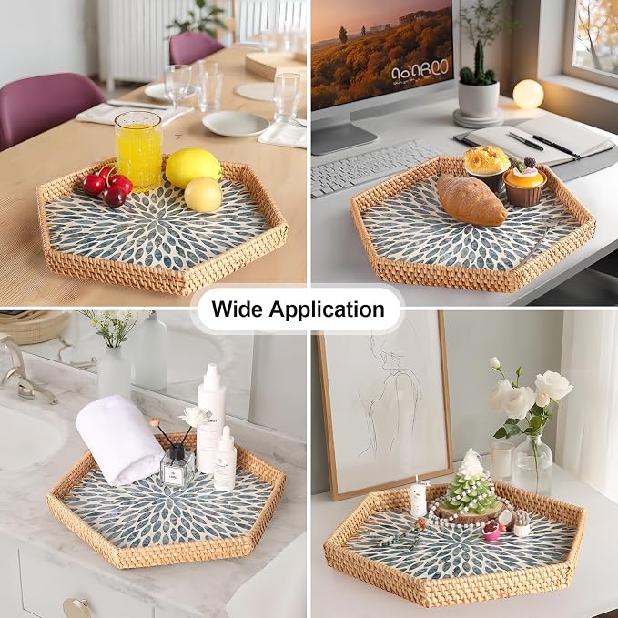 Hexagon Rattan Tray with Mother of Pearl Inlay, Rattan Serving Tray for Coffee, Bread, Fruits, Snacks, Decorative Wicker Tray for Table Decor, Home Decor (Light Blue Leaves, 14.5"×12.8")