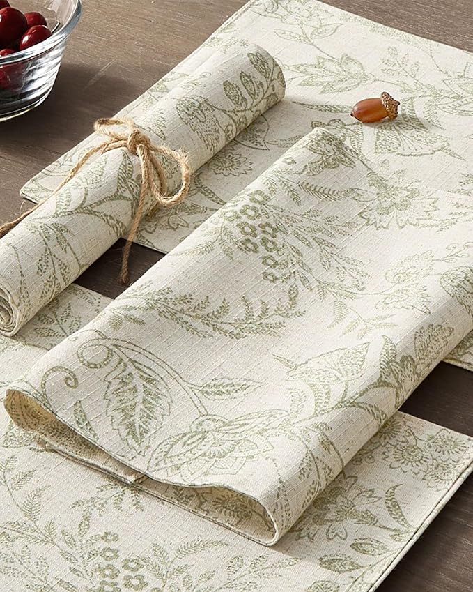 jinchan Linen Floral Placemats Set of 4 Farmhouse 13x19 Inch Green | Fabric Placemats, Cottage Style, Vintage Botanical Pattern, Machine Washable, Easy to Store, Reusable