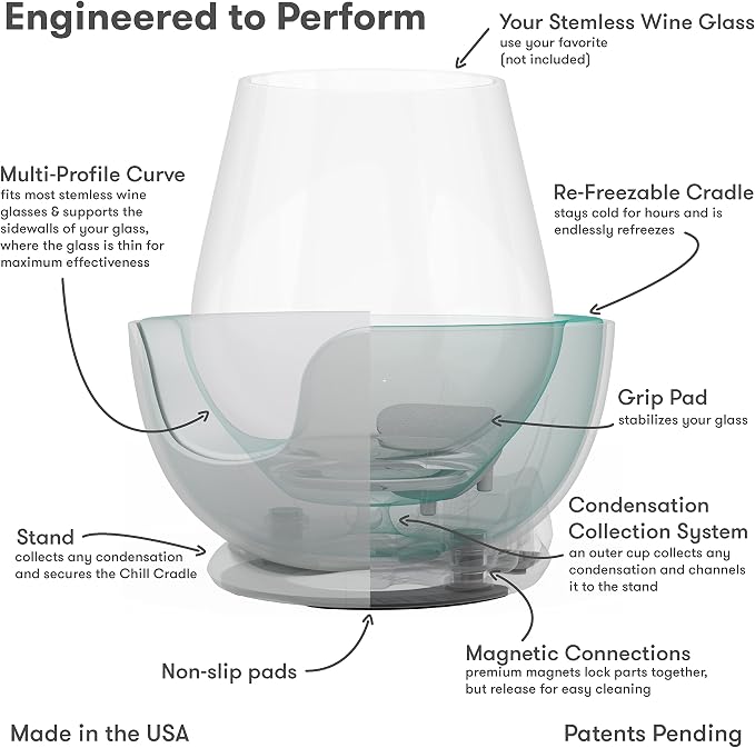 VoChill Stemless Wine Glass Chiller | Keep the Chill In Your Glass | Made In USA | Separable & Refreezable Chill Cradle | Actively Chills Stemless Glassware | Quartz, Pair Stemless
