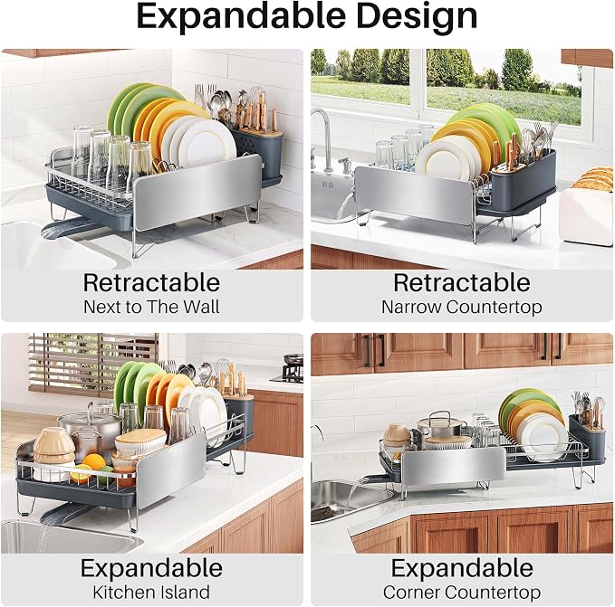 Stainless Steel Dish Drying Rack for Kitchen Counter, Expandable, Silver | Stainless Steel Dish Drainer, Adjustable Length 18.9''-29.3'', Automatic Drainage, 360° Spout, Cutlery Holder with Knife Slot