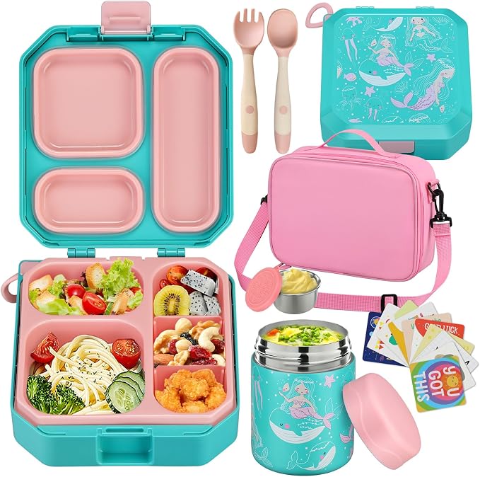 wiwens Bento Lunch Box for Kids with 12oz Soup Thermo Leak-Proof Lunch Food Container with 5 Compartment Thermo Hot Food Jar and Insulated Lunch Bag for Kid Toddler Girls Boys to School