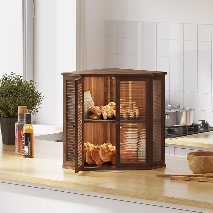 Corner bread box Bread Box for Kitchen Countertop - Corner Bread Storage Box 16.51" H, Premium Wood with Glass Door, Perfect for Homemade Bread, Baguettes & Pastries (Acacia brown)