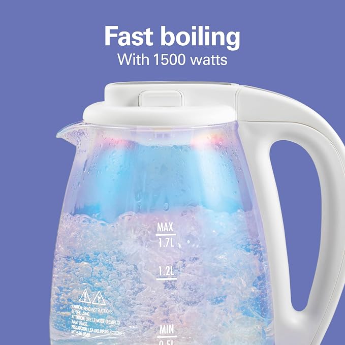 Hamilton Beach 1.7 Liter Electric Tea Kettle, Water Boiler & Heater | Fast Boiling 1500 Watts | BPA Free | Cordless Serving | Auto-Shutoff & Boil-Dry Protection | LED Indicator | Iridescent Glass
