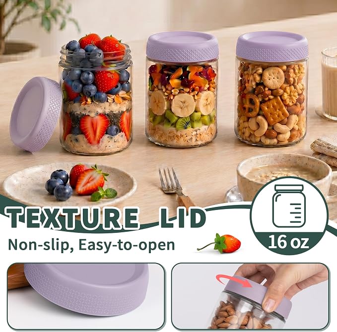 Overnight Oats Containers with Lids, 16oz Parfait Cups with Lids, Glass Jar | 6 Pack Glass Jars with Lids, Yogurt Containers with Lids for Kitchen, Mason Jars for Storage, Pudding, Snack, Sugar, Purple