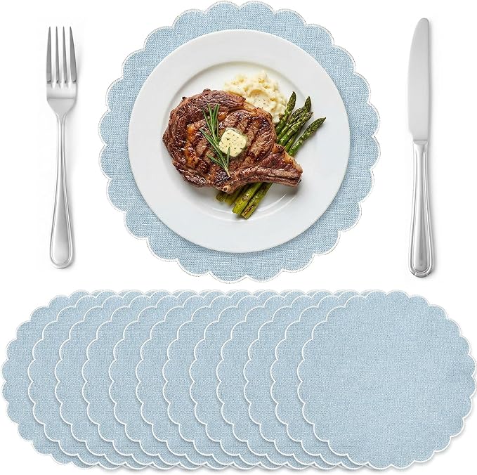 Set of 12 Gray Blue Cotton Placemats 15" Round Scalloped White | Double Layered Cotton Fabric, Washable Embroidery, White Edge Edge, Rustic Table Mats for Wedding Dining Table Decor