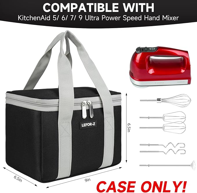 Carrying Bag Case Fits for KitchenAid 5/6/7/9 Ultra Power Speed Hand Mixers | Hand Mixer Travel Bag Portable Storage Organized Case Fits for Kitchen Aid Mixer Accessories,Black(Bag Only)