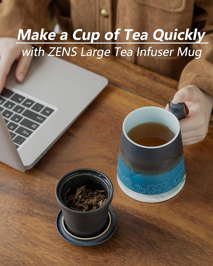 ZENS Tea Cup with Infuser and Lid & Coaster for Tea Steeper, 15oz Blue | Embossed Ceramic Tea Infuser Mug for Loose Leaf Tea Difussers, Tea Lovers Gifts, Nature Wood Handle