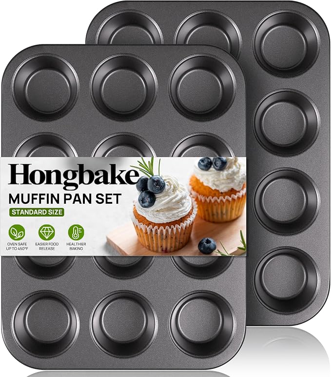 Muffin Pan for Baking, Nonstick Cupcake Tin 12 Cup, 2 Pack Cup Cake Tray, Premium Cheesecake Pans, Dishwasher Safe - Dark Grey