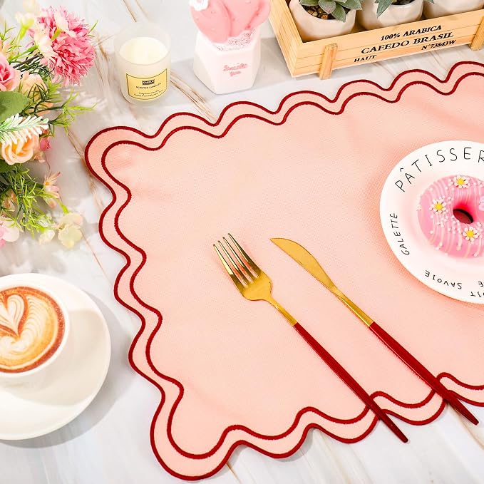 Whaline Vintage Red Pink Linen Placemats Embroidered Scalloped Kitchen Place Mats for Birthday Party Home Dining Table Decor, Set of 6, 13 x 19 in