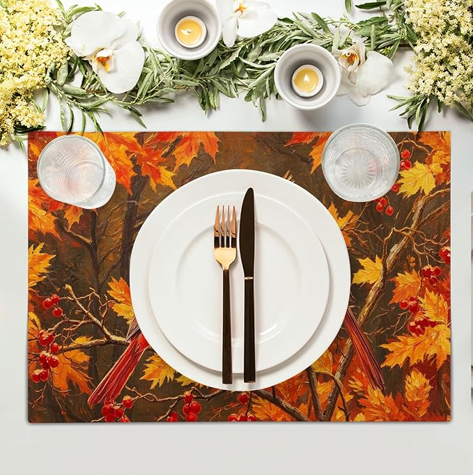 Maple Leaf Birds Fall Placemats Set of 4 Rustic Autumn Colored Maple Forest Tree Place Mat Seasonal Thanksgiving Harvest Table Mats for Party Kitchen Dining Outdoor Indoor Decor