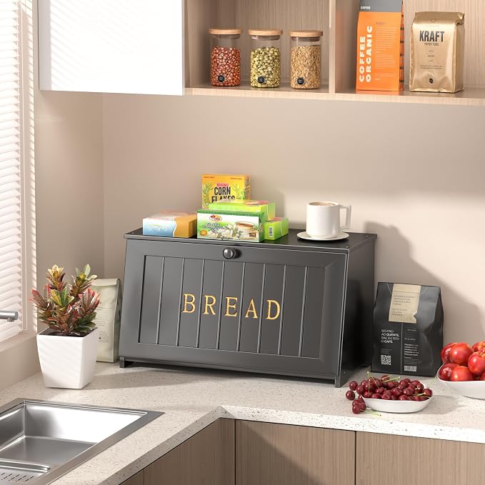 Vintage Bread Box for Kitchen Countertop, Retro Design Bread Storage Container, Farmhouse Wooden Counter Breadbox, Small Bamboo Bread Bin Holder for Homemade Bread