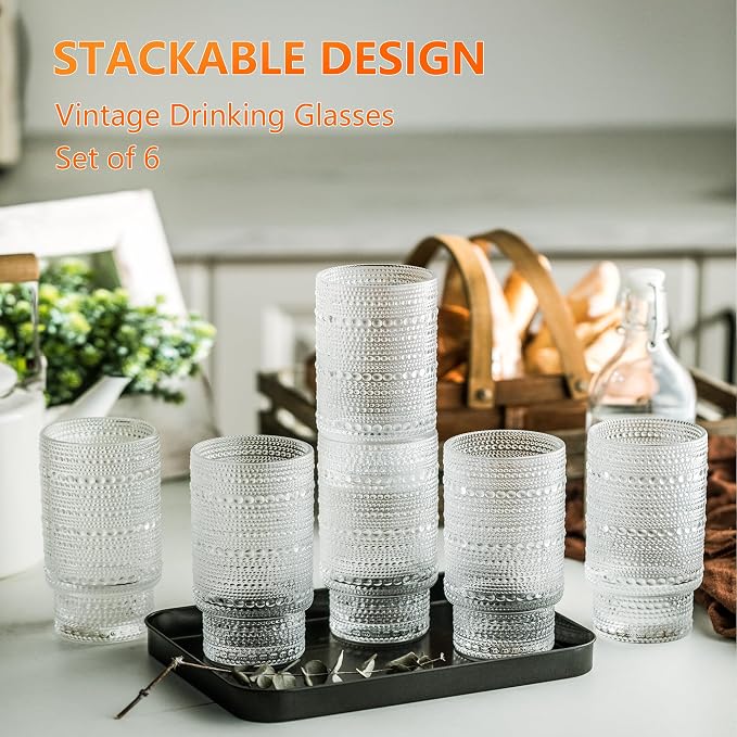 KEMORELA Vintage drinking glasses set of 6, Large 16oz Hobnail Glassware Set, Glass Cups With Straws, Romantic Hobnail Highball Glasses for Bar Beverages Ice Coffee Cocktail Mixed Drinkware