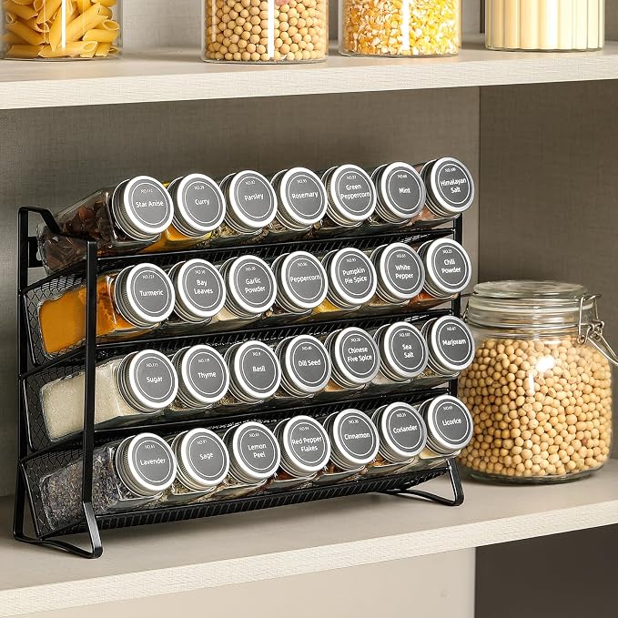 AOZITA Spice Rack Organizer with 28 Empty Spice Jars with Silver Lids, Funnel, Labels - Seasoning Organizer for Countertop, Cabinet, Kitchen, Pantry