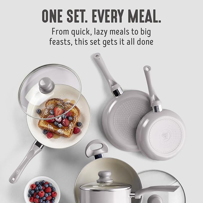 GreenLife 16pc Ceramic Nonstick Pots & Pans Cookware Set, Light Gray | PFAS-Free Nonstick Coating, Stockpot, Frying Pans, Saucepan, Sauté, Induction Ready, All Stovetop Compatible, Dishwasher Safe
