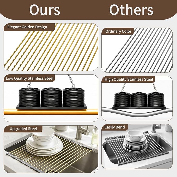 Golden Roll Up Dish Drying Rack, Stainless Steel Dish Drainer Over The Sink for Kitchen Sink Counter Storage, Applicable for Sink Width Less Than 17in (18.5'' x 13.9'')