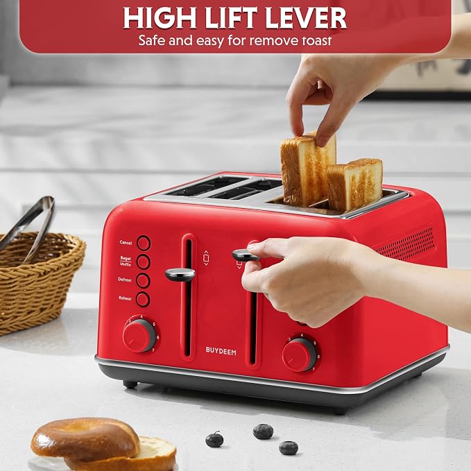 BUYDEEM DT640 4-Slice Toaster, 7 Shade Settings, Extra Wide 1.5’’ Slots for Bagel & English Muffin, 6 Toasting Functions, Retro Stainless Steel Toaster with High Lift Lever, 1800W, Red