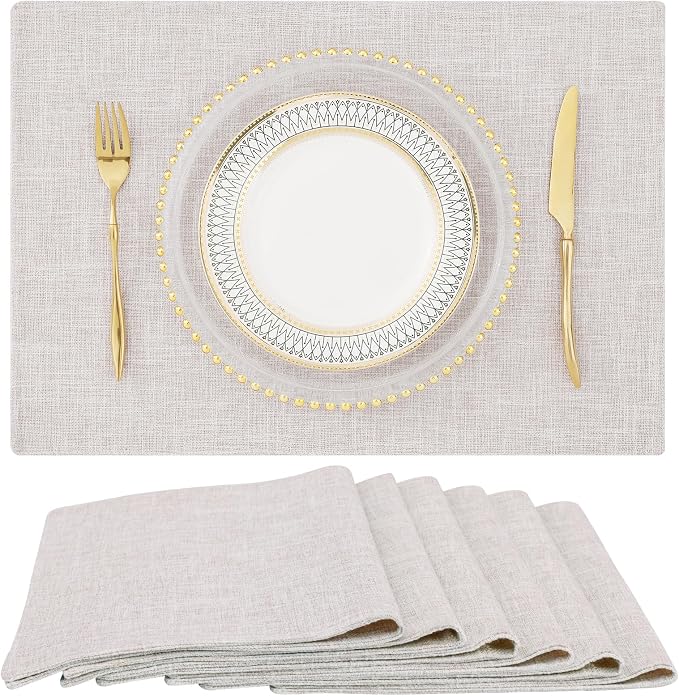 Faux Cotton Linen Placemats Set of 6, Cloth Washable Farmhouse Dining Table Mats for Indoors & Outdoors, Easy to Clean, Neutral Beige, 13 x 19 Inch