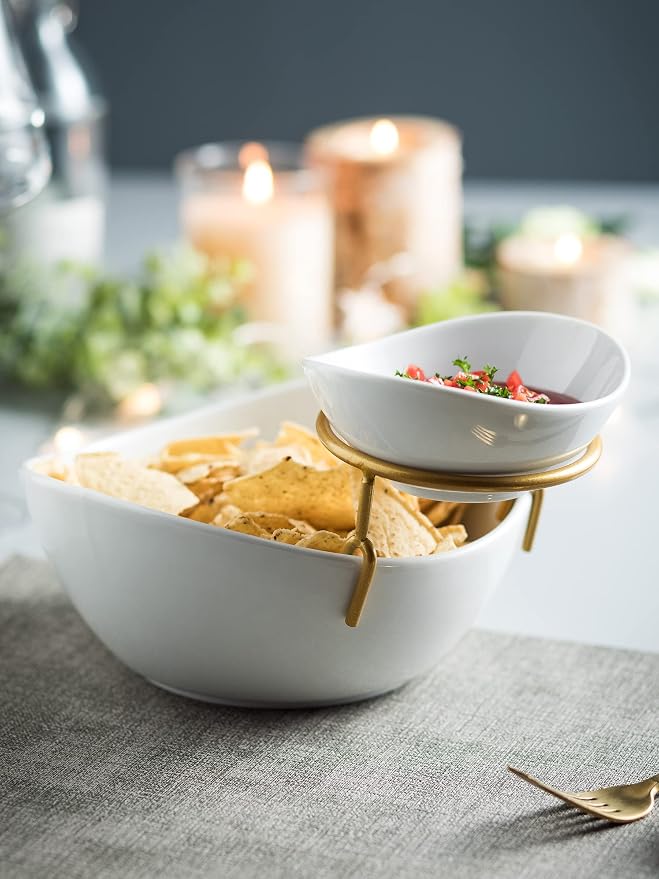 Miamolo 2 Tier Serving Bowl Set and Removable Rack for Chip and Dip | Ceramic Serving Dishes Set with 2 Compartment, for Snacks, Appetizer, Salad, Fruit | Microwave & Dishwasher Safe, Gold Stand