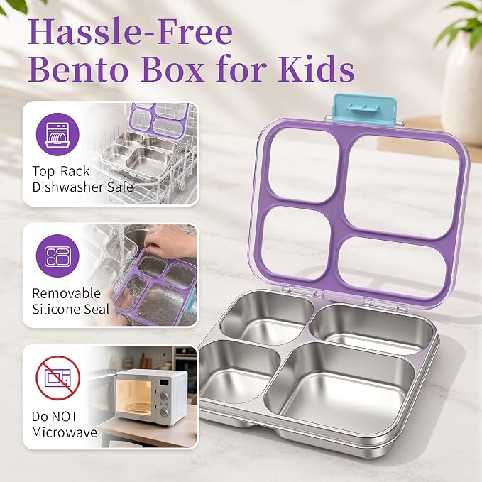 Stainless Steel Lunch Box for Kids, Leakproof 4 Compartment Kids Bento Lunch Box with Clear Lid, BPA-Free Steel Lunch Box Containers for School Travel (Purple)