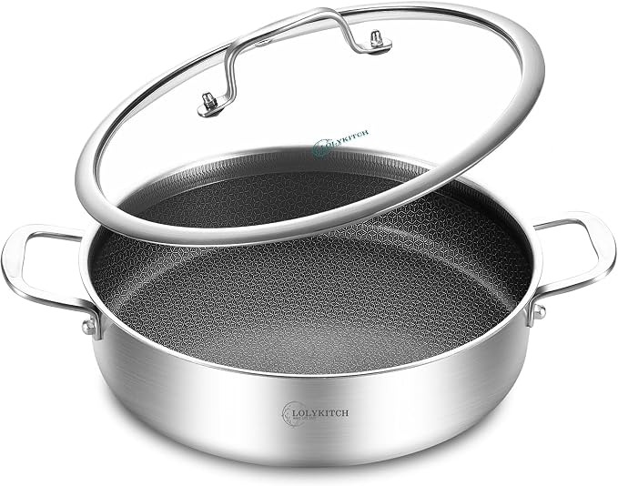 LOLYKITCH 6-Quart Deep Skillet with Lid | 12 Inch | 4-6 Servings | Hybrid Nonstick | Tri-Ply Stainless Steel | Large Frying Pan | Saute Pan | Jumbo Cooker | Oven & Induction Ready
