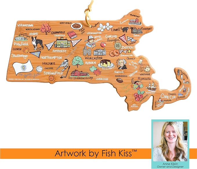 Totally Bamboo Massachusetts State Shaped Cutting Board, Art by Fish Kiss | State charcuterie board with colorful hand-drawn map artwork. Smooth reverse side for food prep. Hang tie for wall display.