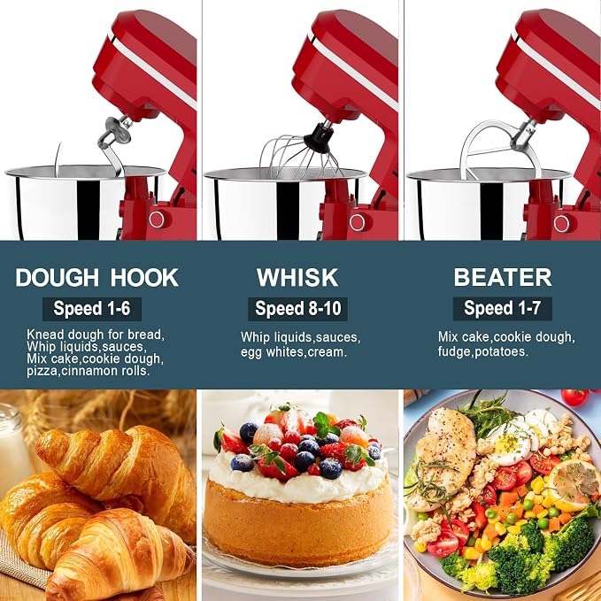 Household Stand Mixer with 6.5 Quart Bowl, 660W Household Food Mixer 10+p Speeds, Kitchen Tilt-Head Bread Dough and Cake Mixers with Dough Hook, Whisk, Beater, Splash Guard and Egg Separator (Red)