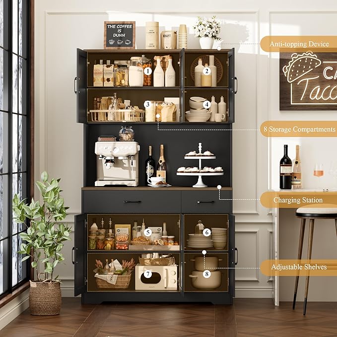 HOSTACK 71"H Kitchen Pantry Storage Cabinet, Farmhouse Hutch Cabinet, Black | Space-Saving Pantry Cabinet with Charging Station & 2 Large Drawers & Adjustable Shelves, Tall Kitchen Hutch, Dining Room