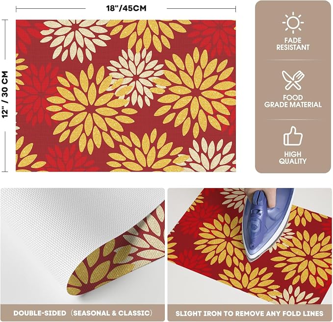 Artoid Mode Floral Vinyl Placemats Set of 6, 12x18 Inch New Year Washable Non-Slip Plastic Vinyl Place Mats for Party Kitchen Dining Decor, Red