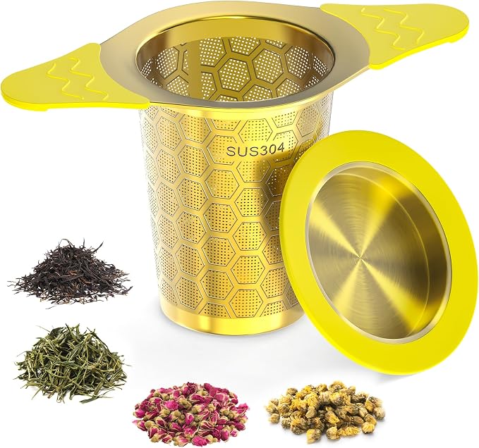 Tea Infuser for Loose Leaf Tea,Stainless Steel Tea Strainer with Silicone Handles,Extra Fine Mesh Tea Strainers for Loose Tea Filter Fine Tea Leaves Effectively,Fits TeaPots/Mugs (Gold)