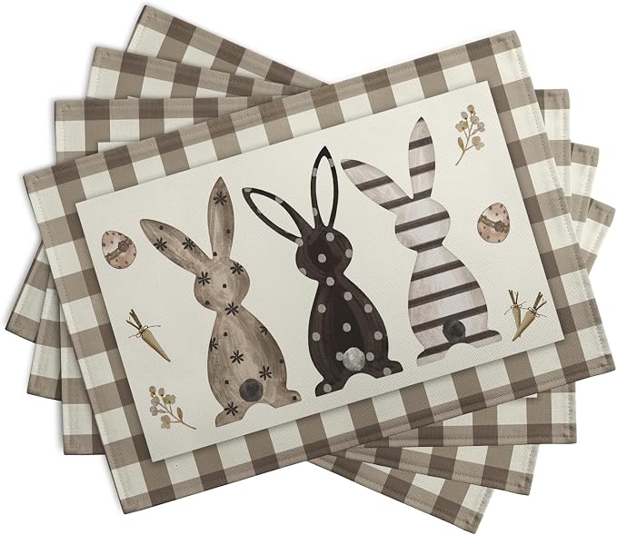 Easter Bunny Buffalo Plaid Placemats Set of 4 Rabbit Spring Egg Dining Table Placemats 12x18 Inch Check Brown White Heat Resistant Washable Table Mats for Kitchen Dining Holiday Indoor
