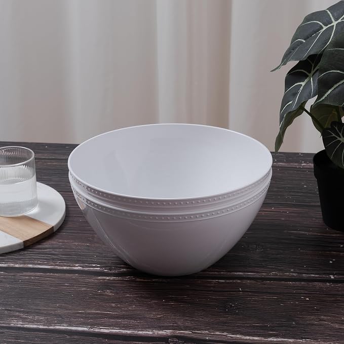 Large Salad Bowls Set of 2, Beaded Serving Bowl Set, 11" White Melamine Bowl for Soup, Salad, Fruit and Pasta, Unbreakable Chip/Popcorn Bowl, Deep Bowls for Party Table for Kitchen and Party Wedding
