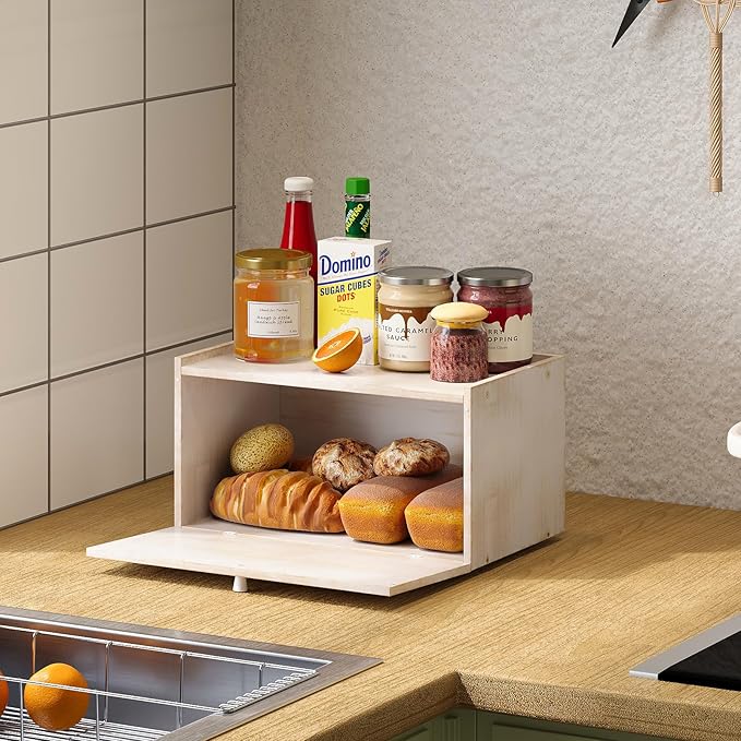 Trironsun Bamboo Bread Box for Kitchen Counter Farmhouse Bread Storage Container Large Capacity Bread Storage Bin Bread Holder (Antique White)
