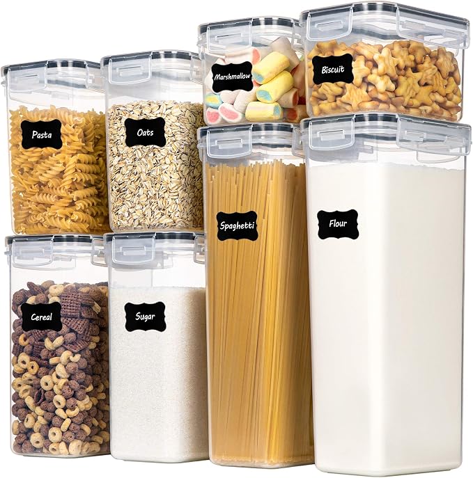 Airtight Food Storage Containers with Lids, 8 PCS | BPA-Free Kitchen Organizers with Lids, For Flour, Sugar & Cereal, Plastic Dry Food Canisters, Pantry Storage