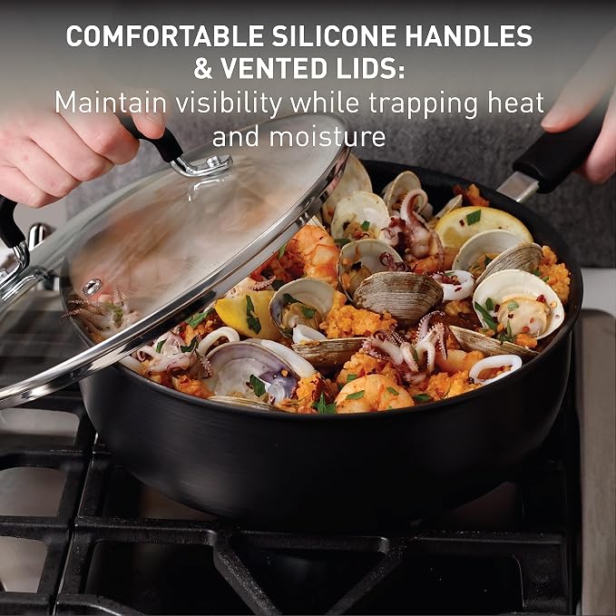 T-fal Ultimate Hard Anodized Nonstick Pots and Pans Set, 14-Piece, Onyx | Titanium nonstick coating, Thermo-Spot heat indicator, Oven safe to 400°F, Dishwasher safe, All stovetops except induction