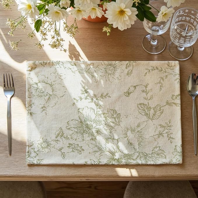 JINCHAN Alice Linen Floral Placemats Set of 4 Farmhouse 13x19 Inch Green | Fabric Placemats, Cottage Style, Floral Line Art, Machine Washable, Easy to Store, Reusable