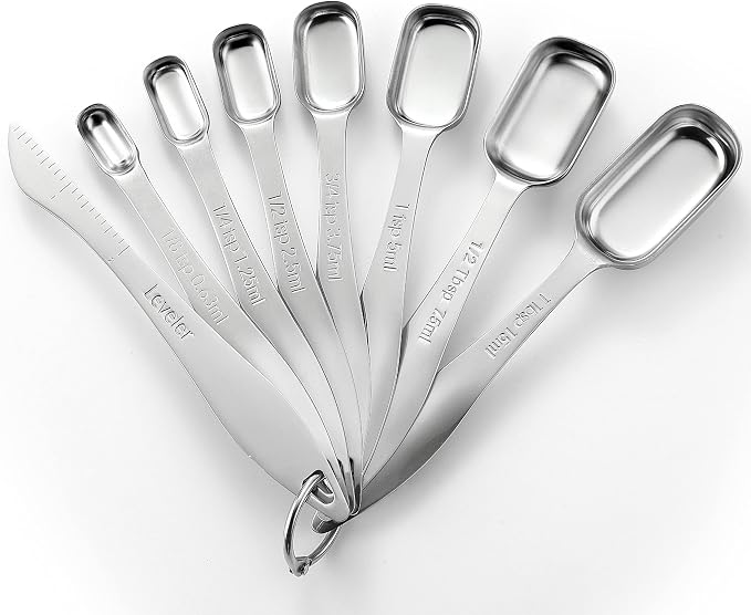 Spring Chef Stainless Steel Measuring Spoons Set of 8 with Leveler | Rectangular Metal Teaspoon & Tablespoon Measuring Spoons for Dry & Liquid Ingredients, Nesting Metric Spoons with Long Handle