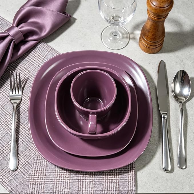 HomeVss, Stoneware Square 16pc Dinnerware Set, Matte Purple