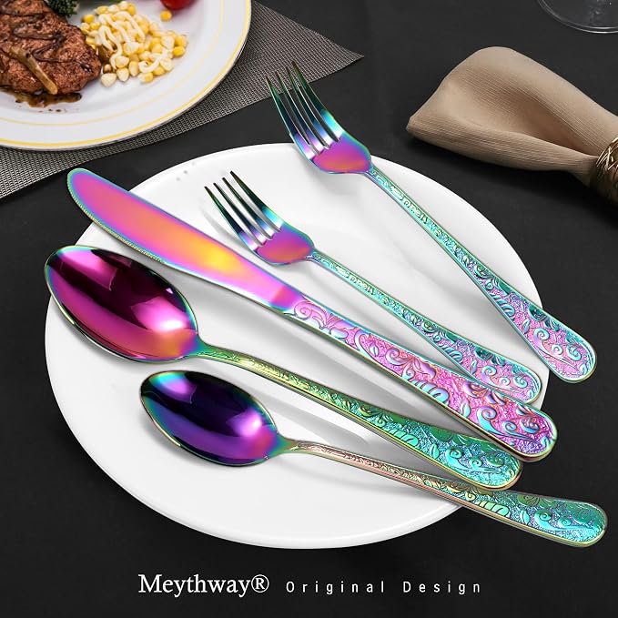 Meythway 60-Piece Vintage Carved Rainbow Silverware Set for 12, Stainless Steel Flatware Set with Knife/Fork/Spoon, Cutlery Set for Home and Kitchen, Utensil Set with Dishwasher Safe