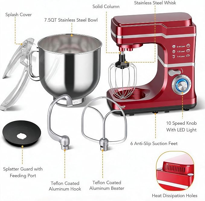 Stand Mixer Dough Mixer 7QT 660W 10-Speed Tilt-Head Dough Mixer, Electric Kitchen Mixer with Stainless Bowl, Hook, Whisk, Beater & Splash Guard, Black (red)