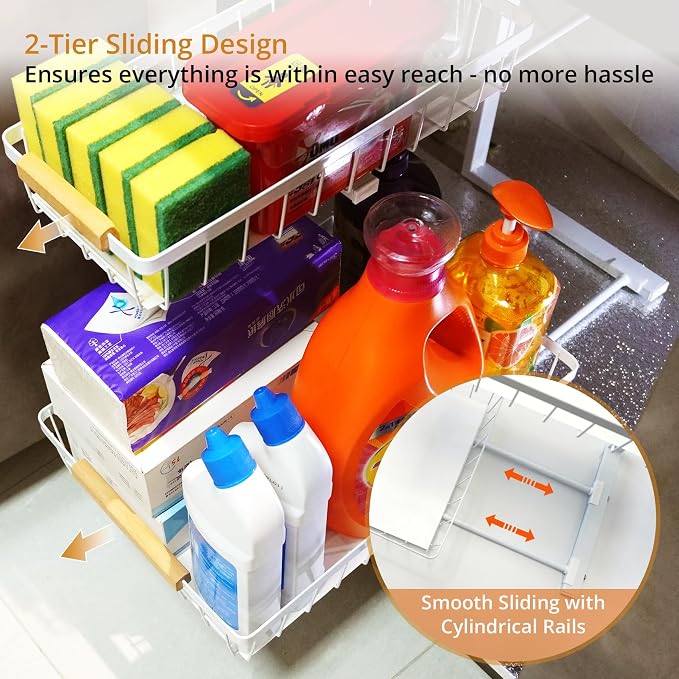 Under Sink Organizer, 2 Tier Pull Out Cabinet Organizers and Storage for Kitchen Bathroom Pantry Laundry, Adjustable Height, Slide Out Thickened Metal Storage Shelf (Black, 1 Pack)