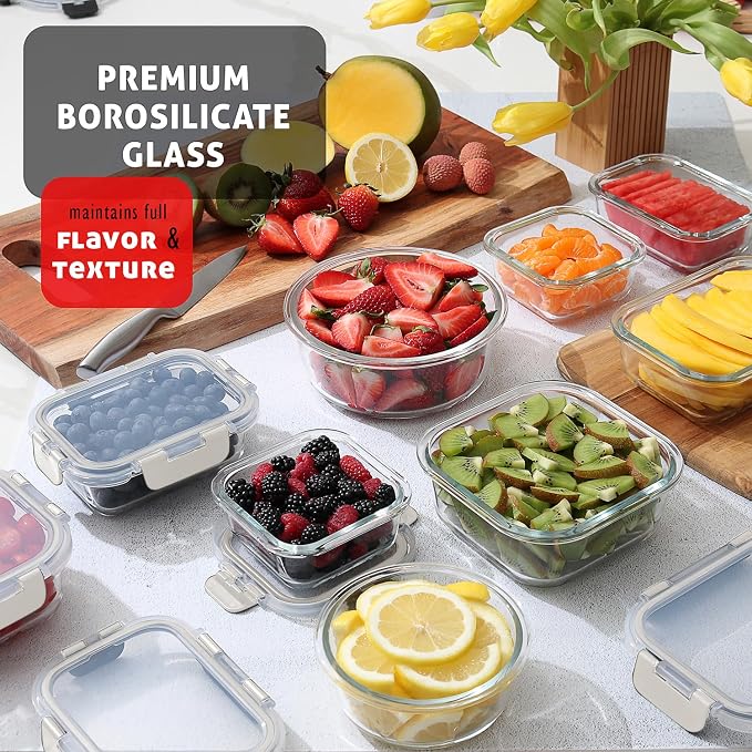 EATEX 16pc Glass Storage Containers with Lids, 8 Glass Food Storage Containers with 8 Airtight Lids for Pantry & Kitchen, Meal Prep Containers for Lunch, Oven Freezer Microwave & Dishwasher Safe